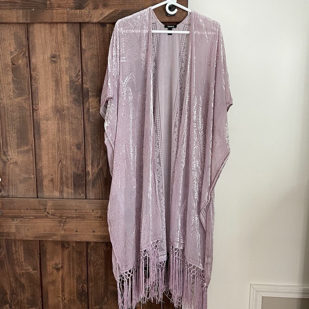 Torrid Womens 1/2 Mauve Pink Floral Burnout Velvet Fringe Kimono Boho Hippie